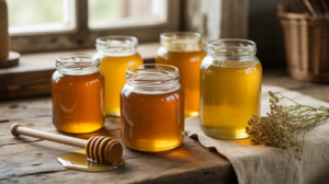 photo réaliste de pots de miel artisanal sur une table en bois rustique éclairée par la lumière naturelle, montrant les textures du miel et une atmosphère chaleureuse et authentique